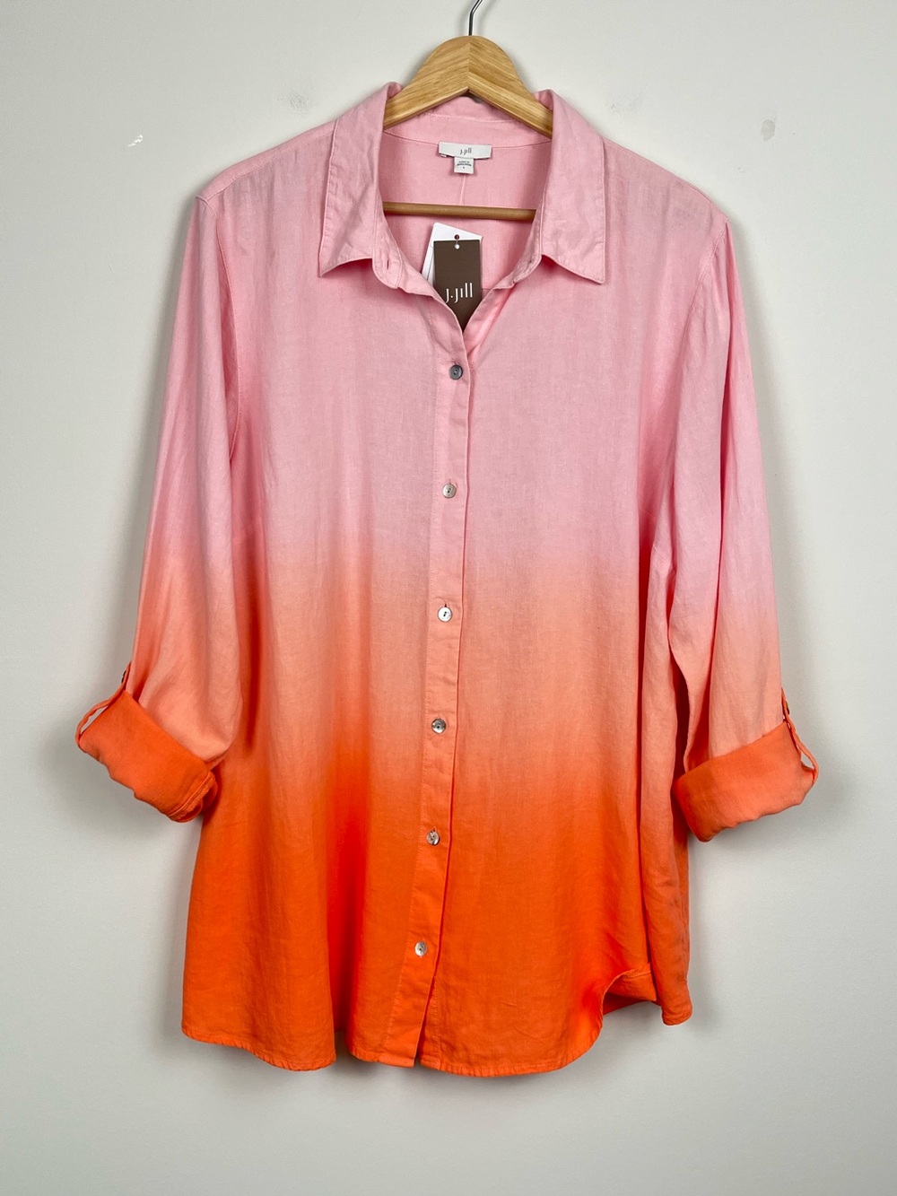 NWT J.Jill linen viscose pink orange ombré roll tab sleeve button shirt, large.